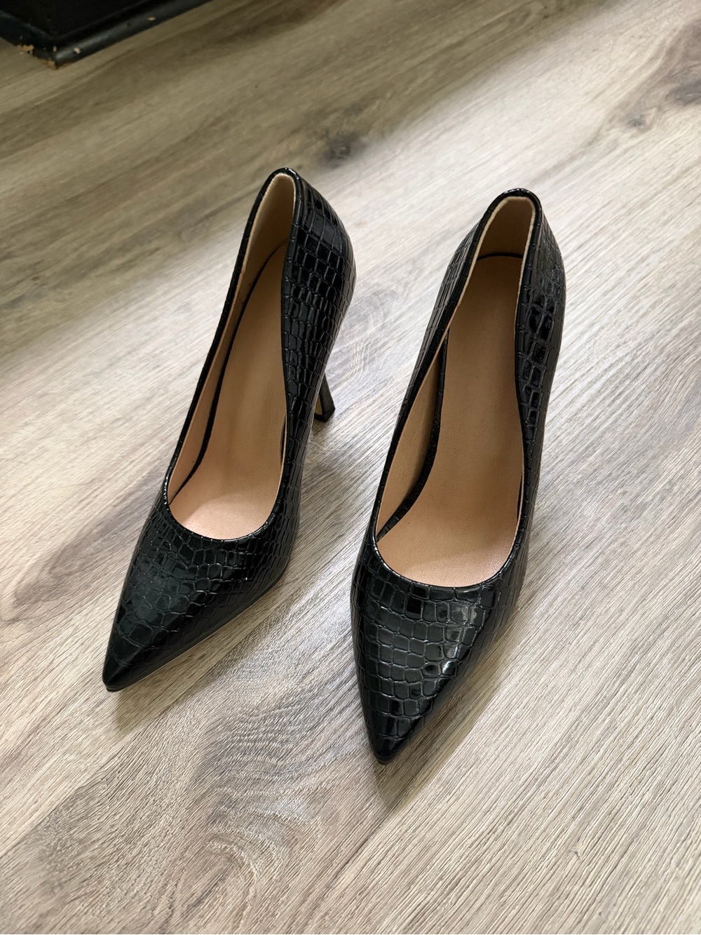 Classic Black Croc-Embossed Pointed Toe Pumps - Women